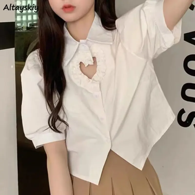 Shirts Women Heart Hollow Out Puff Sleeve Tops Preppy Style Solid Fashion Summer Students Kawaii Lapel Leisure All-match Chic