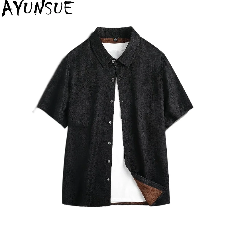 

AYUNSUE 100% Real Mulberry Silk Shirts for Man High Quality Watered Gauze Short Sleeve Shirt Summer Top Jacquard Black Shirt