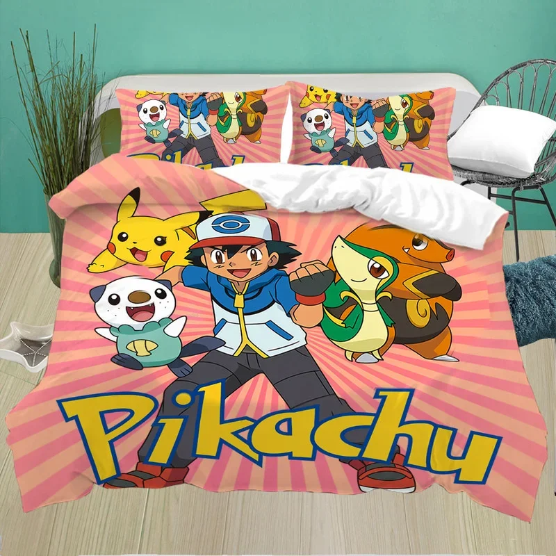 Pokemon Cartoon Quilt Cover Printed Bedding Suit Pikachu Strip Bed, Baby Kid Bedroom Bedclothes Bed Quilts Bedclothes 2/3pcs Set