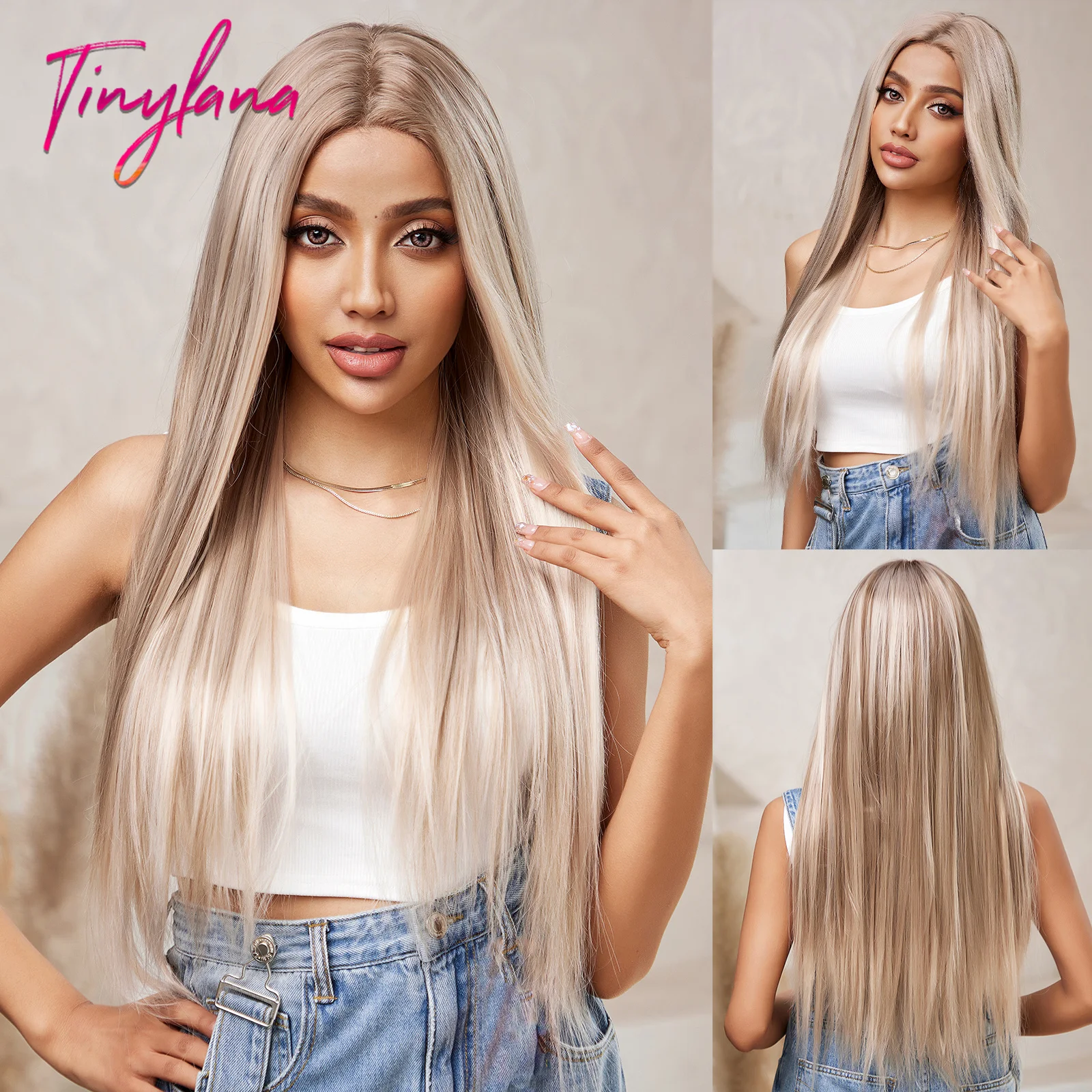 Dropshipping Long Straight Brown Blonde Lace Front Synthetic Wig T-Middle Part with Baby Hair Lace Wigs for Women Heat Resistant