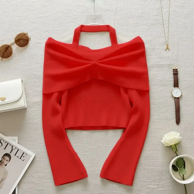 Female Twisted Halter Neck Knit Pullover Elastic Ribbed Long Sleeve Off Shoulder Cropped Sweater Slim Knit Jumper Women Casual