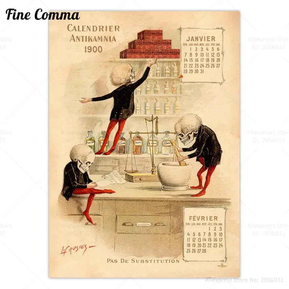 Vintage Poster Antikamnia Calendar Antique Medical Skulls Skeleton Illustration Wall Art Canvas Print Funny Bone Wall Decor