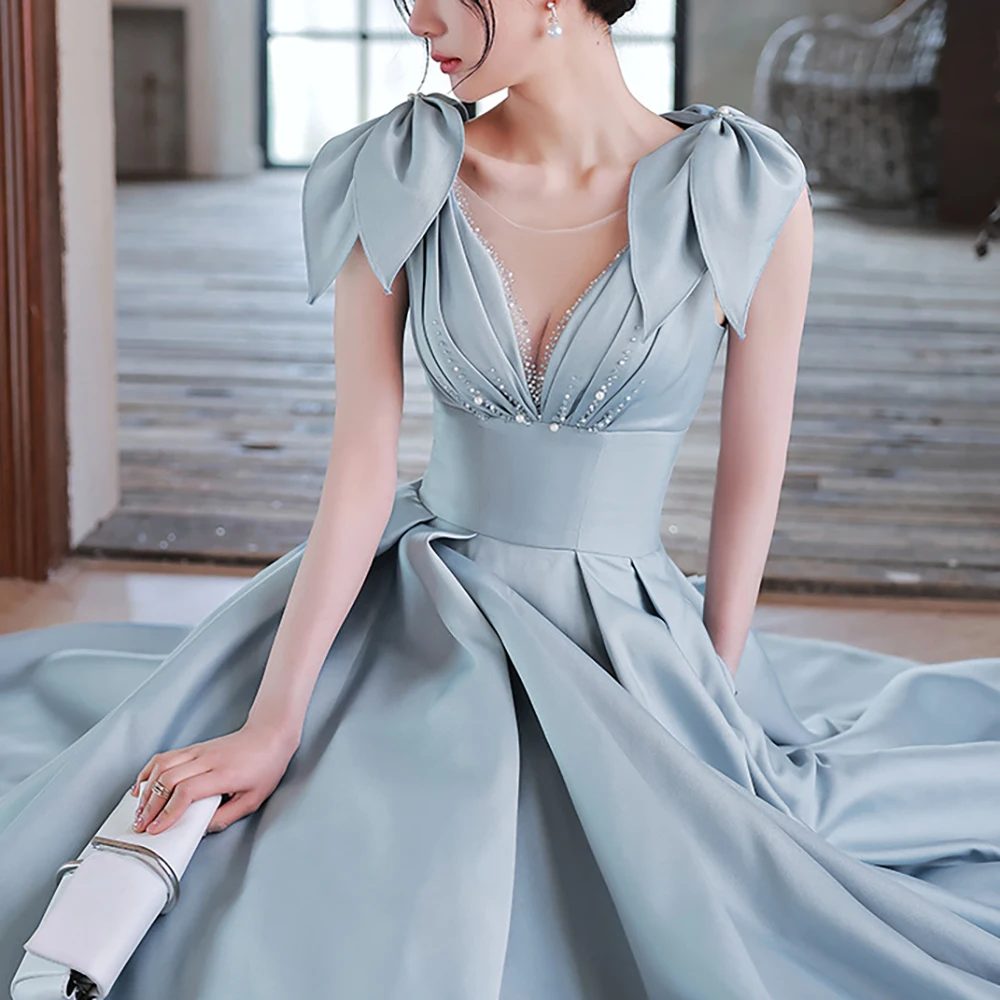 Sky Blue Satin Evening Dresses with Pockets for Women Ankle-Length Pleated A-Line Birthday Party Gowns Bow Pearls Prom Gowns