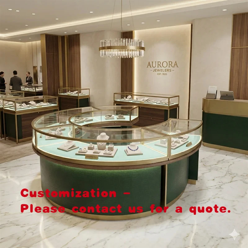 

custom.Luxury Semi Circular Glass Gold Trim Green Base Jewelry Showcase Display Shopping Mall Showroom Shangyuan Factory