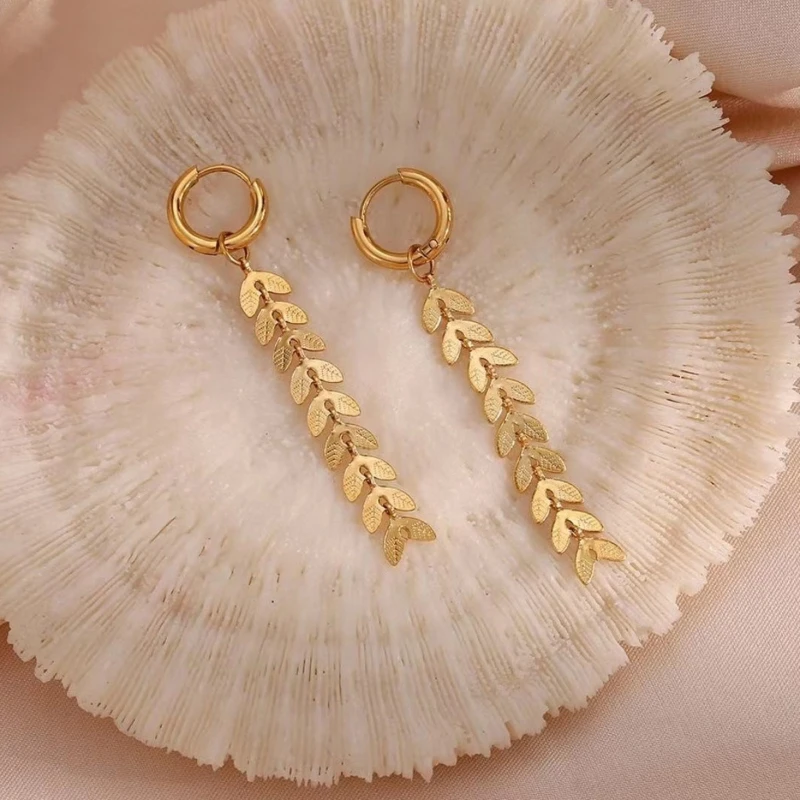 Dangling Wheat Leaf Long Huggie Earrings 316 Stainless Steel Gold Vintage Leaf Tassel Thin Chain Drop Ear Jewelry