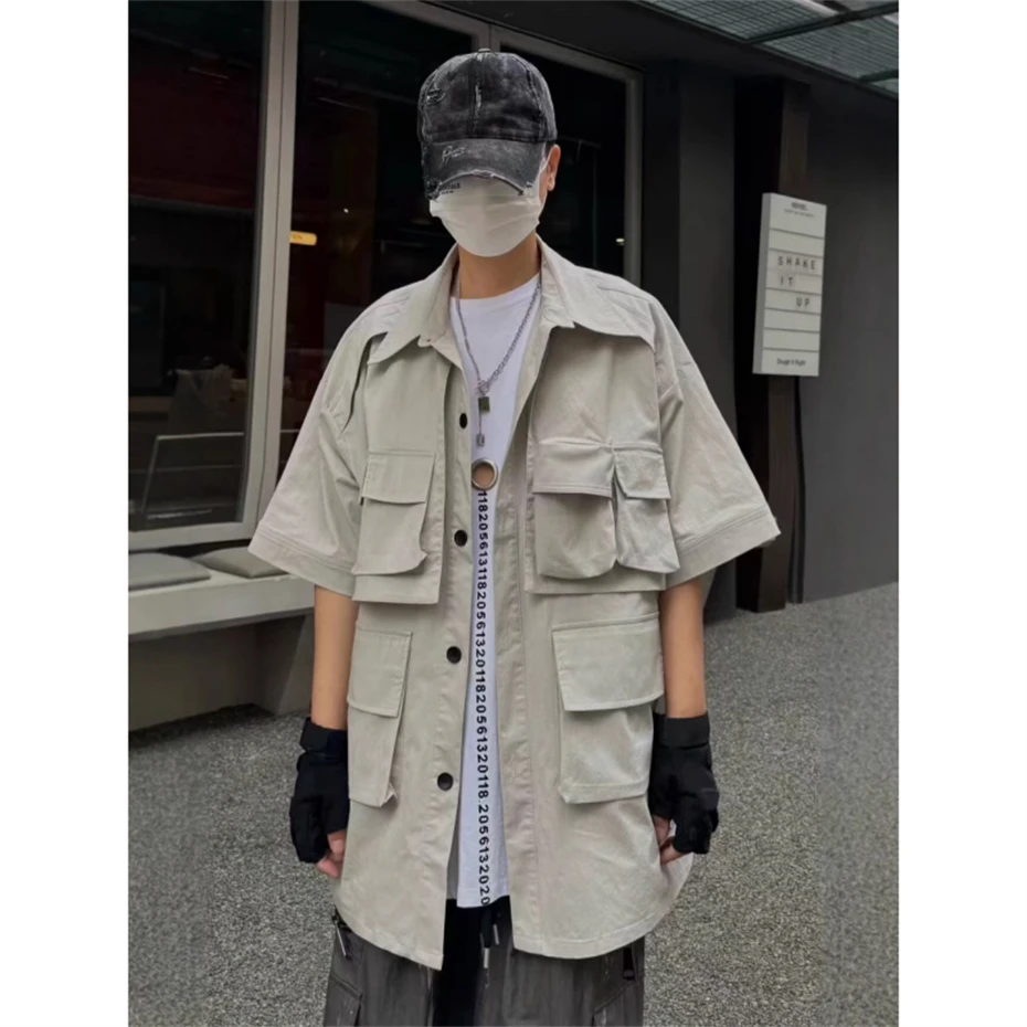 Oversized Short Sleeve Shirts Men Streetwear Punk Casual Shirt Function Harajuku Multiple Pockets Cargo Shirt Coats Techwear