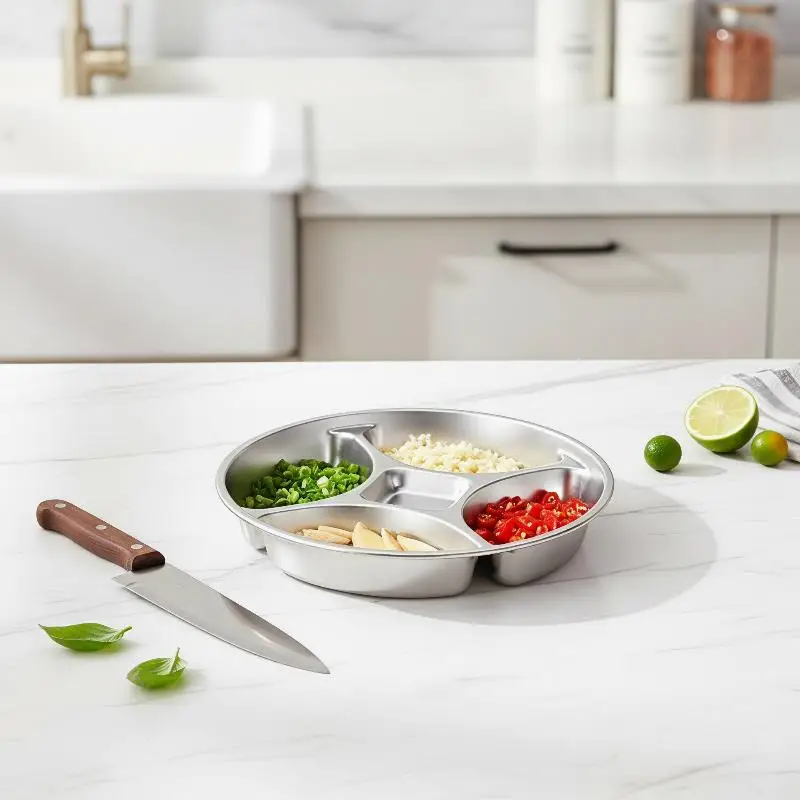 1PC Round Stainless Steel Divided Serving Tray,5-Compartment Stackable Prep Dish For Spices,Condiments,Snacks & Meal Prep