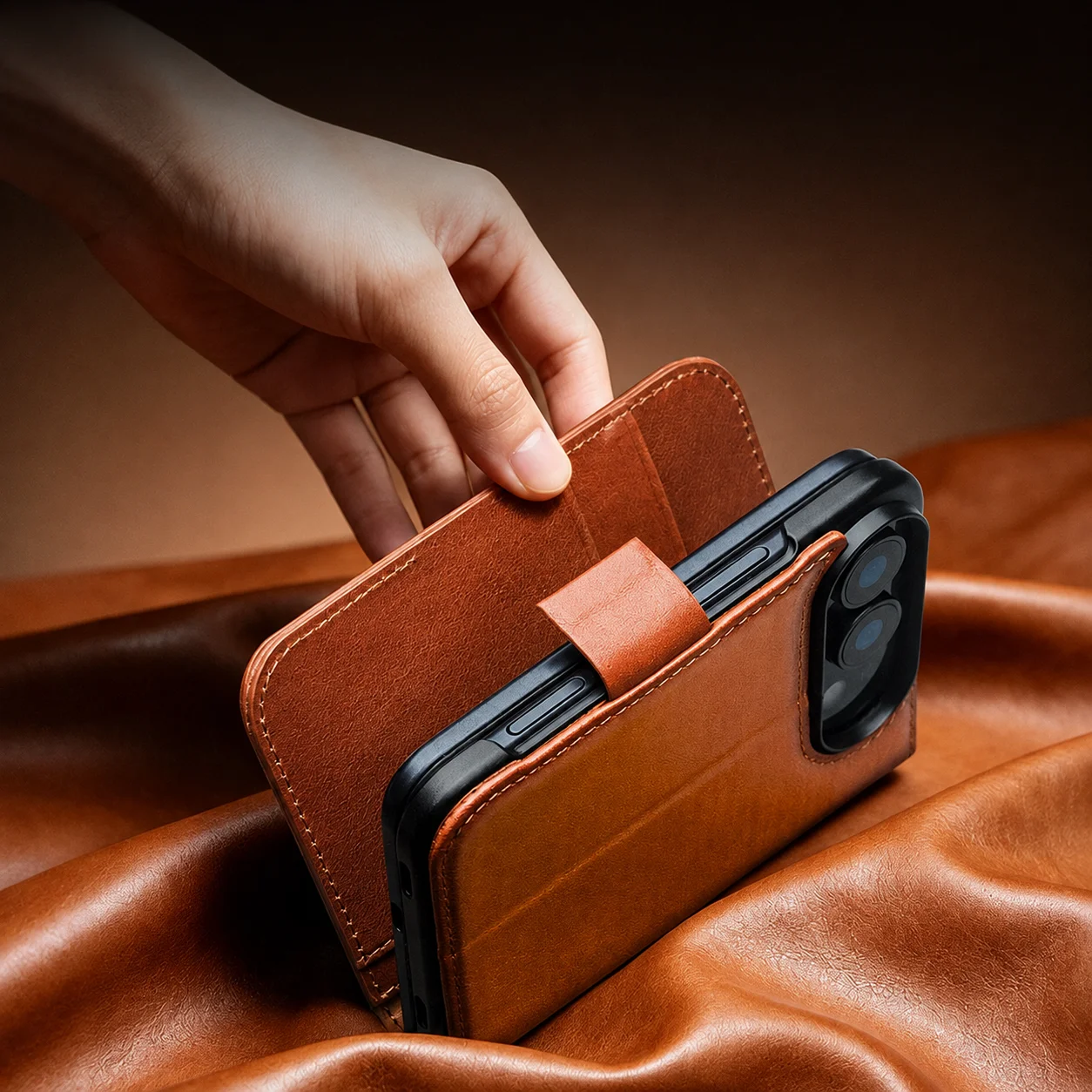 Case For iPhone Duo, 100% Genuine Leather Stand Wallet Luxury Flip Cover with Card Slots Shockproof Anti-Slip Protective Case