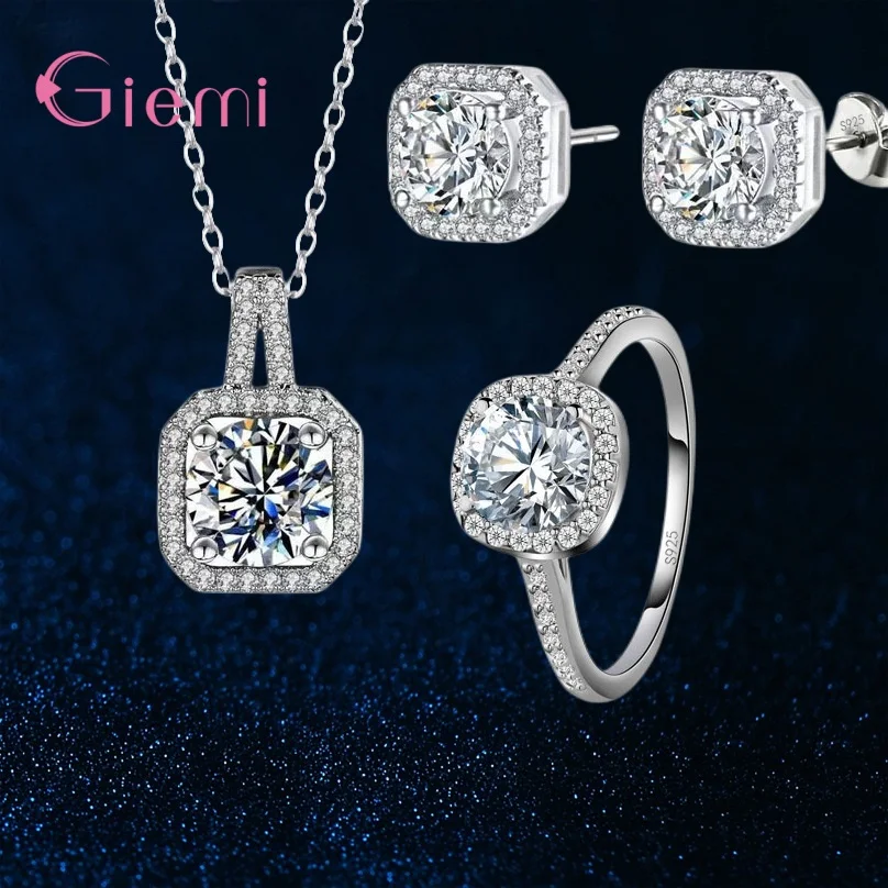 925 Silver Color New Arrival Classical Square Inlaid Necklace Earrings Ring Jewelry Set Gift For Women Girls