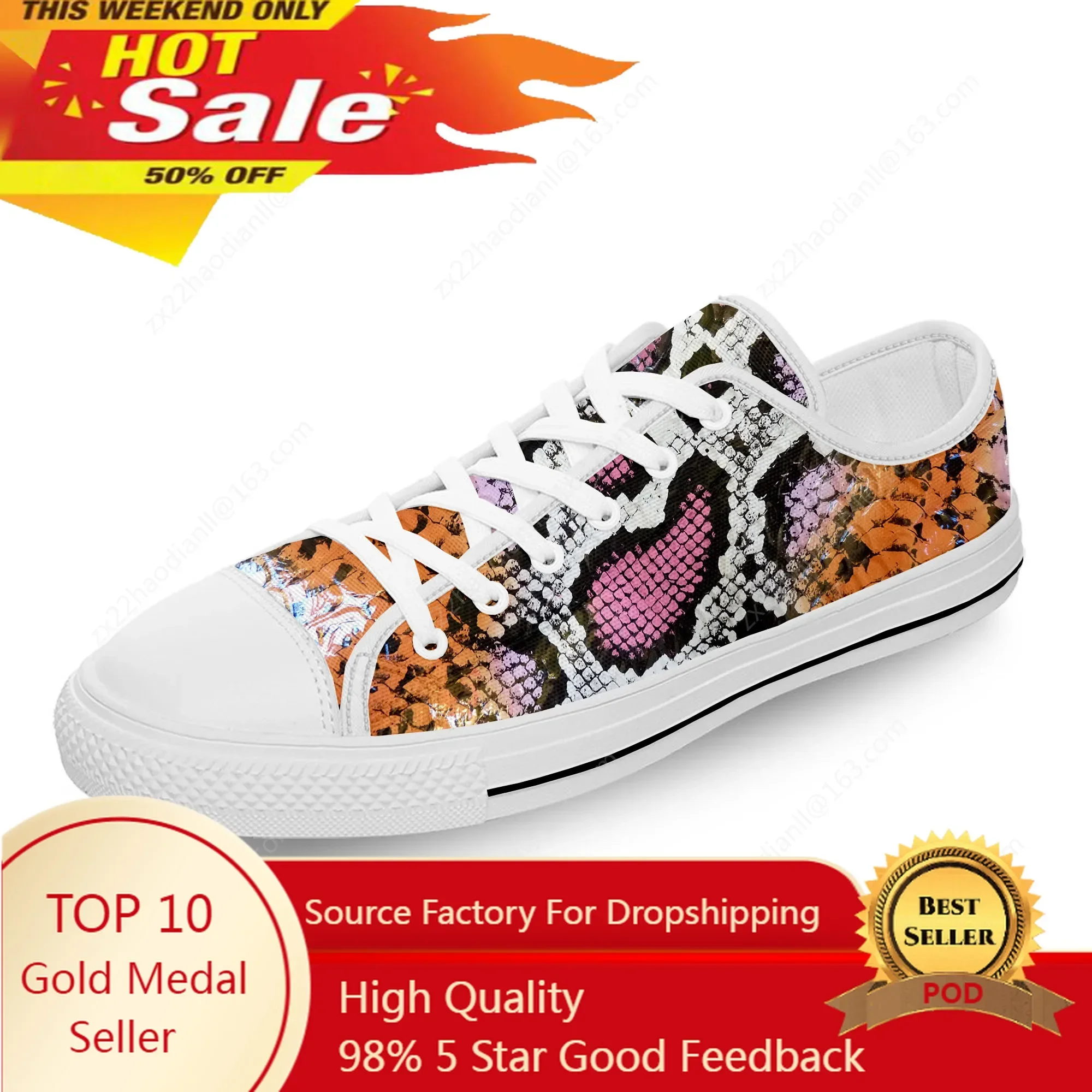 Animal Snake Skin Pattern Cool White Cloth Fashion 3D Print Low Top Canvas Shoes Men Women Lightweight Breathable Sneakers