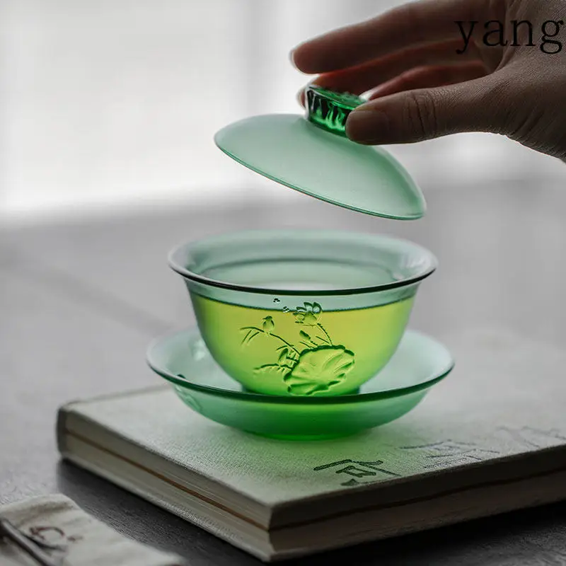 LMM green glazed lotus rhyme Sancai cover bowl tea bowl tea brewer thickened female glass kung fu tea set