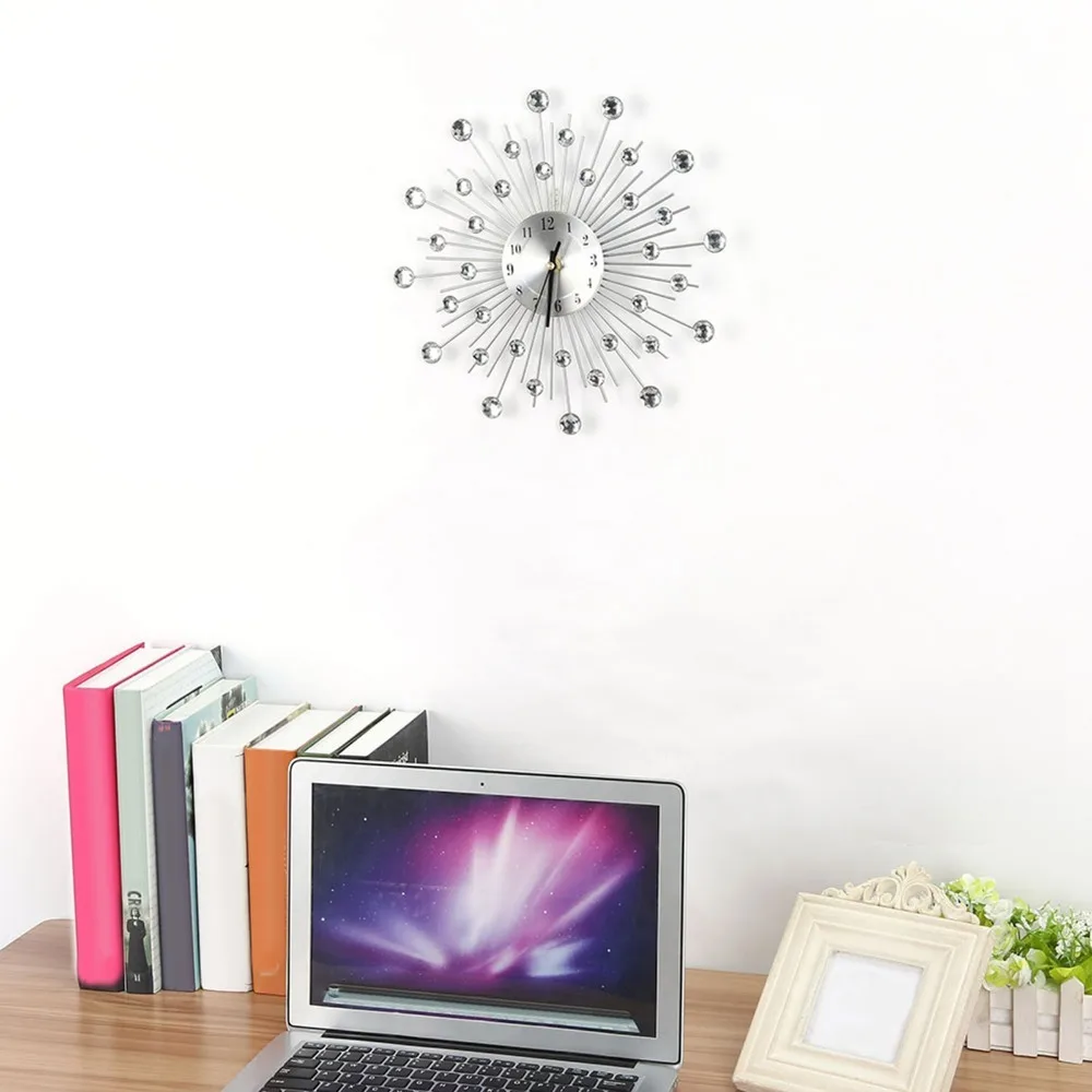Diamond Studded Metal Wall Clock Metal Construction Silent Movement Decorative Wall Clock Colorfast Iron Wall-mounted Clock