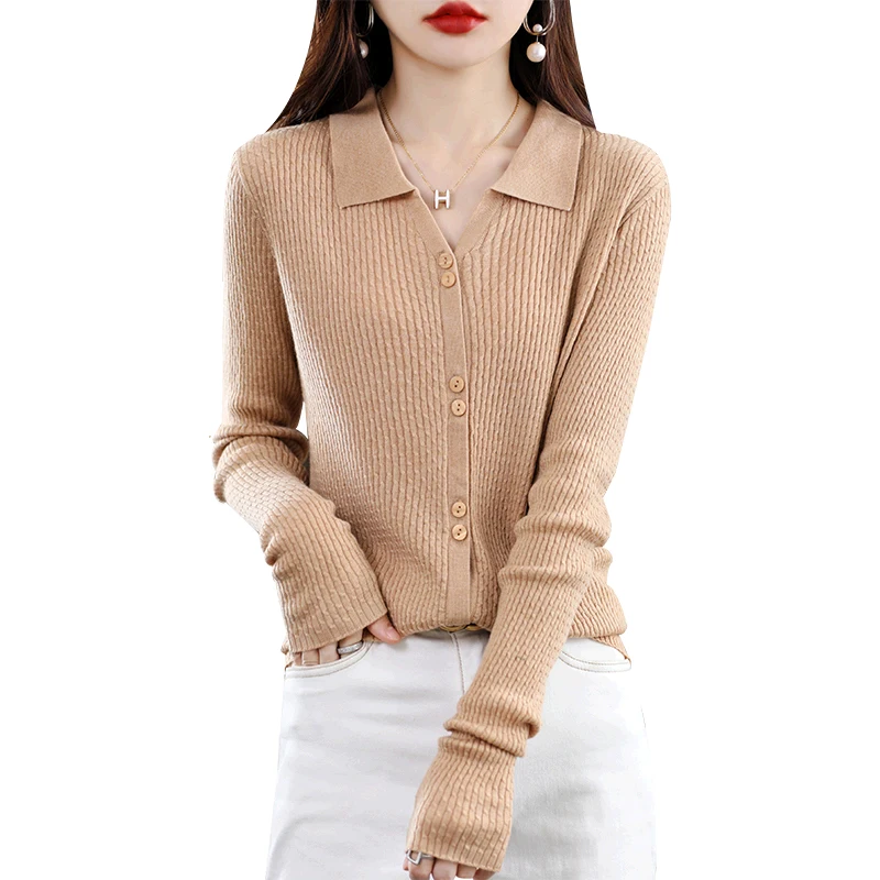 Women 100% Wool Slim Sweater Spring Autumn New Polo V-neck Twisted Flower Cardigan Fashion Casual Knitted Soft Jacket Tops