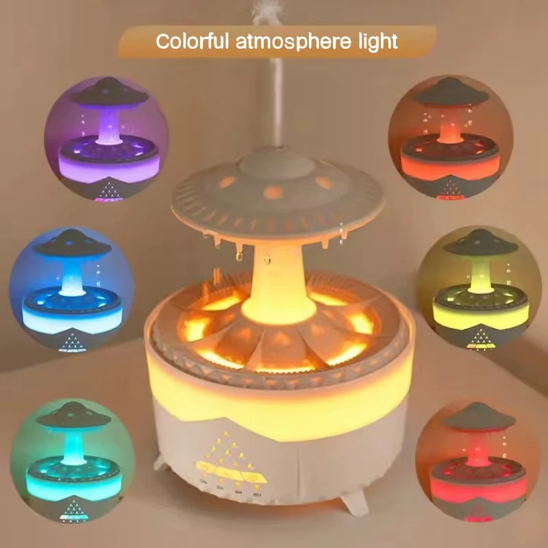 Cloud Rain Humidifier Water Drip 300ml Cloud Rain Aromatherapy Essential Oil Diffuser with UFO Design Raining Cloud Night Light