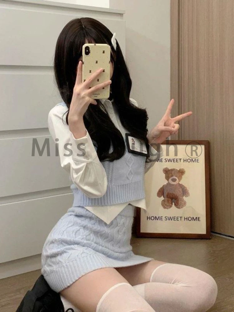 Winter Kawaii Knitted Three Piece Set Women Japanese Party Mini Skirt Suit Female Korean Fashion Y2k Sweet Sweater Set 2023 New