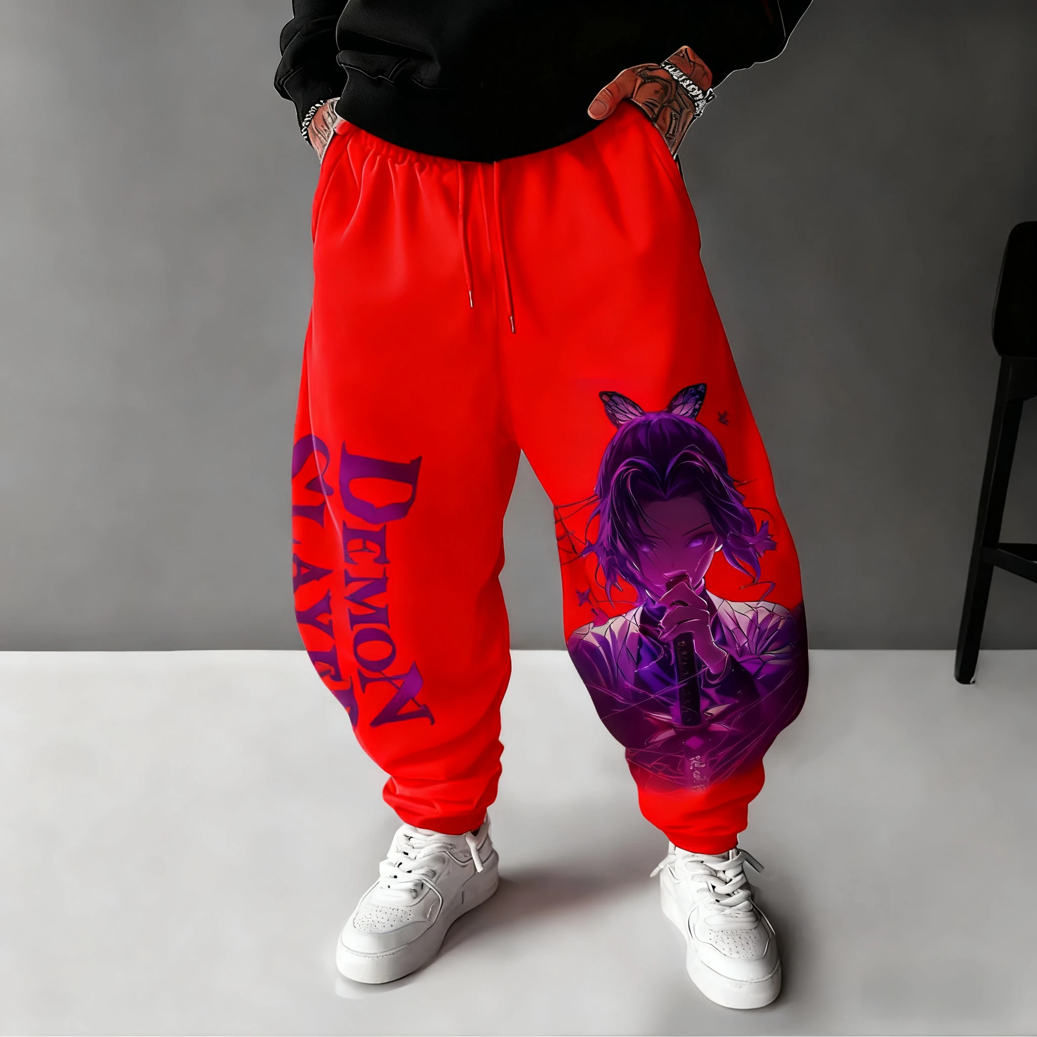 Calças de algodão demon slayer 2025 outono/inverno nova coleção kochou shinobu anime impresso masculino solto casual moda perna collants