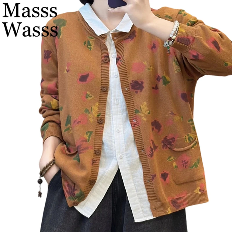 

Masss Wasss 2025 Autumn Womens Printed Casual Loose Sweaters Females Vintage Fashion Floral Cardigans Cotton Oversized Knitwear