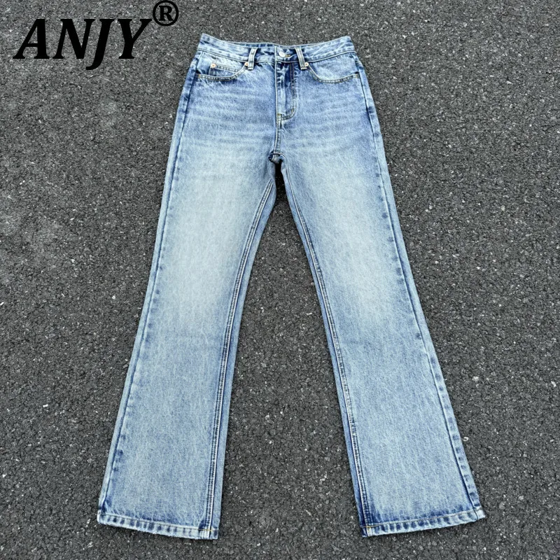 

ANJY Spring Autumn New Women's Elegant Fashion Washed Fit Flared Jeans Trendy High Street Versatile Straight Denim Pants A14087