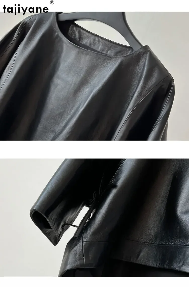 Tajiyane Genuine Leather Jacket Women O-neck Real Leather Coat Bat Sleeve Jackets Woman Seven-part Sleeves Leather Top