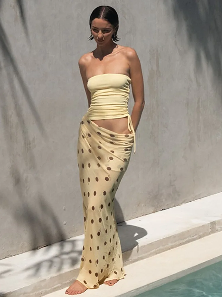 حمالة البولكا نقطة الشيفون المرقعة فستان ماكسي المرأة انقطاع سليم مثير أنبوب عطلة الشاطئ فستان ماكسي الصيف ملابس الحفلات