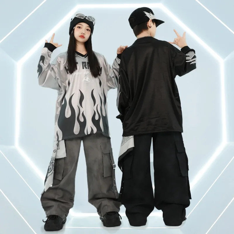 Girls Jazz Dance Drum Costume Loose Long Sleeve T-Shirt Cargo Pants Streetwear Boys Modern Hip Hop Performance Outfit