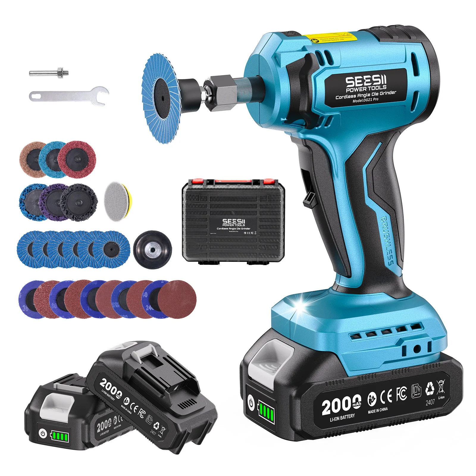 Seesii Cordless Right Angle Die Grinder Kit 1/4' 90 Degree Electric Polisher Machine Set 2.0Ah Battery No Air Compressor or Hose