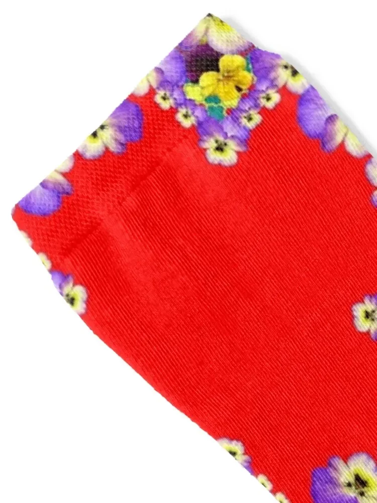 RED COLOR ART PURPLE-YELLOW PANSY GARDEN PATTERN Socks Climbing Rugby Hiking boots Socks Men Women's