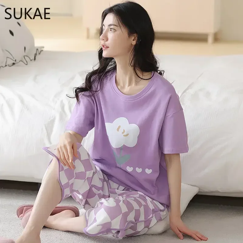 SUKAE 100% Cotton Woman's Capris Pajamas Sets Short Sleeves Calf-length Sleepwear Summer Quarter Pants Homesuits Woman Pijamas