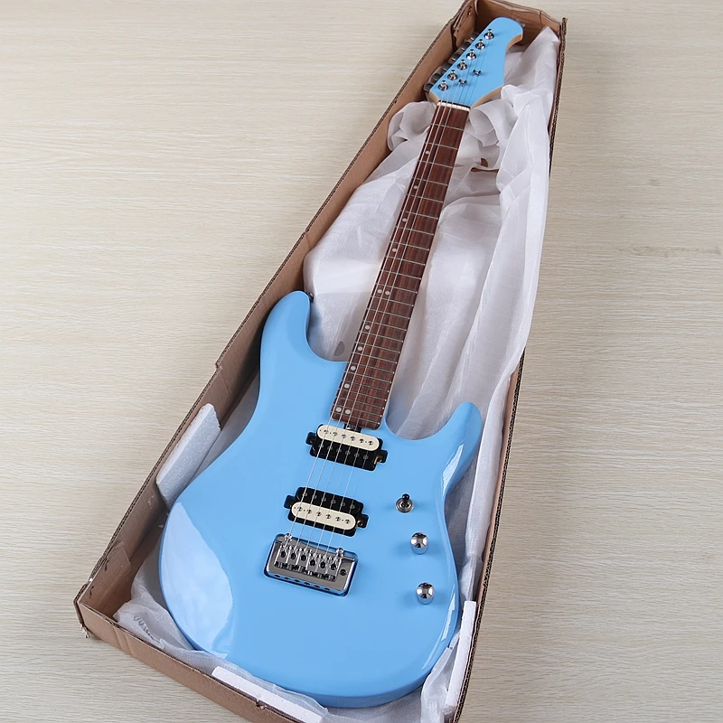 جيتار كهربائي أزرق مكون من 6 أوتار جيتار للسفر مقاس 39 بوصة من خشب الزيزفون جيتار كهربائي عالي اللمعان أزرق معدني أحمر