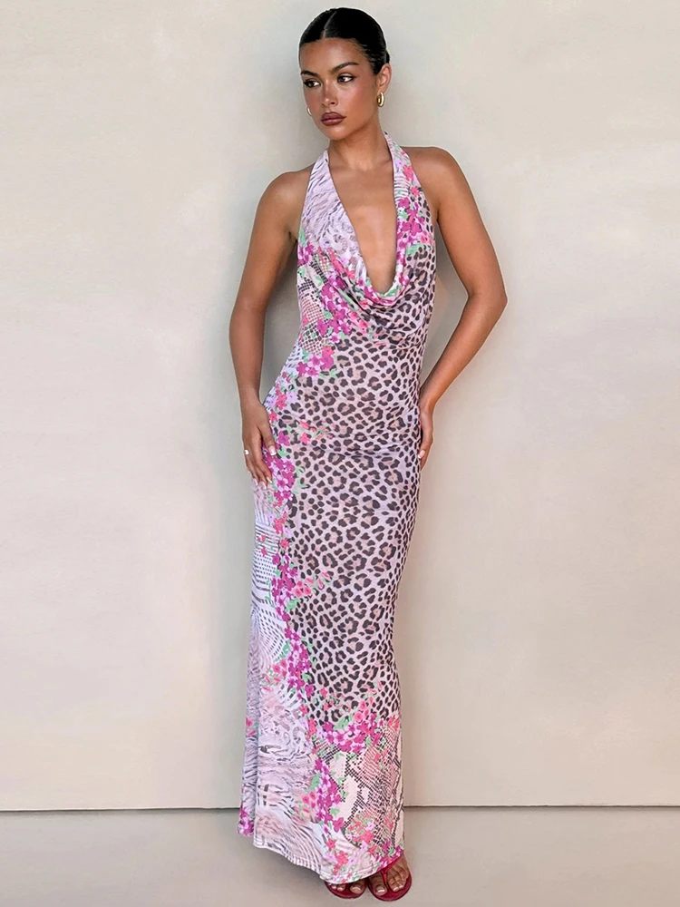 แปลกPussเสือดาวพิมพ์ชุดผู้หญิงBackless Lace-Up Halter Patchwork SwingคอแขนกุดMidnight Clubwear Party vestidos