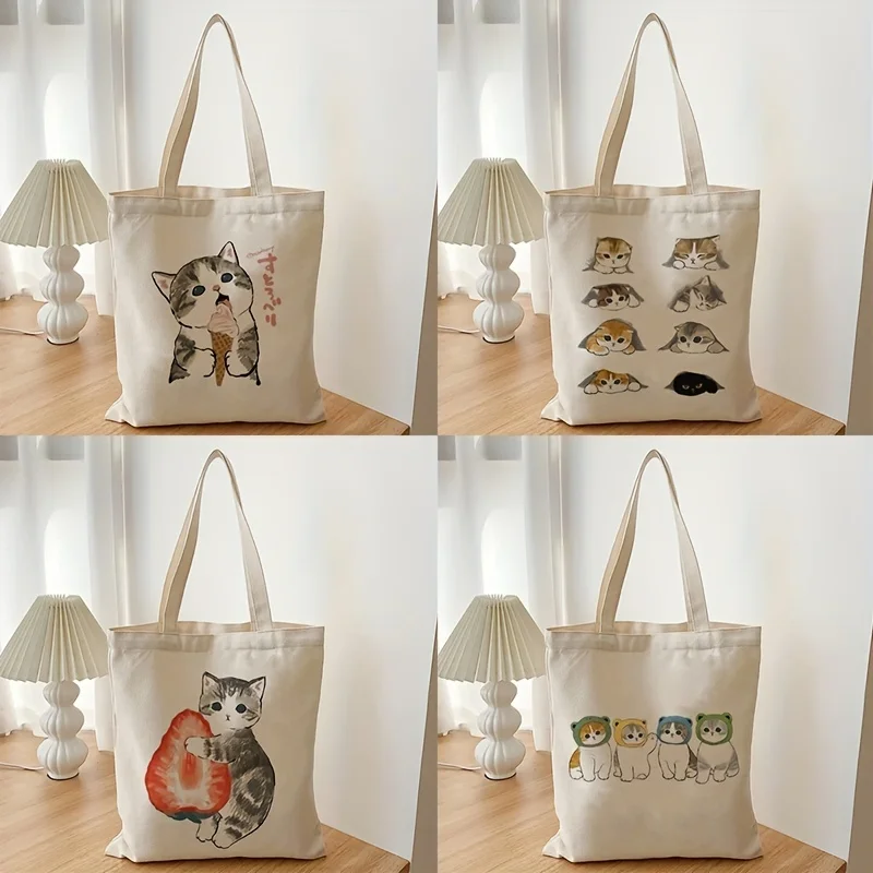 1szt Śliczne koty Torby bagażowe Harajuku Cartoon Vintage Shopping Canvas Bag Śmieszne damskie torby na ramię Kawaii Prezenty dla dzieci