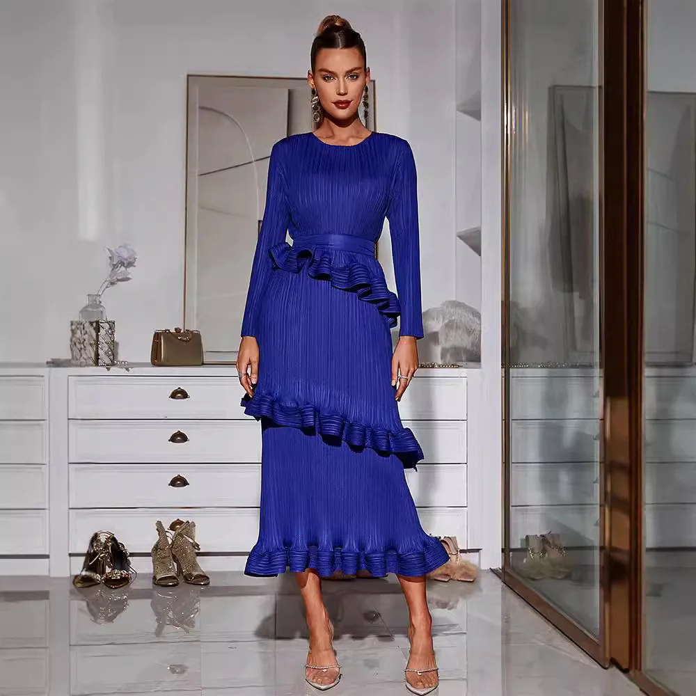 

2025 New Top Quality ISSEYS MIYAKES Pleated Fall Ruffle Long Sleeve Plus Size Dress Waisted Simple Slim Bottom