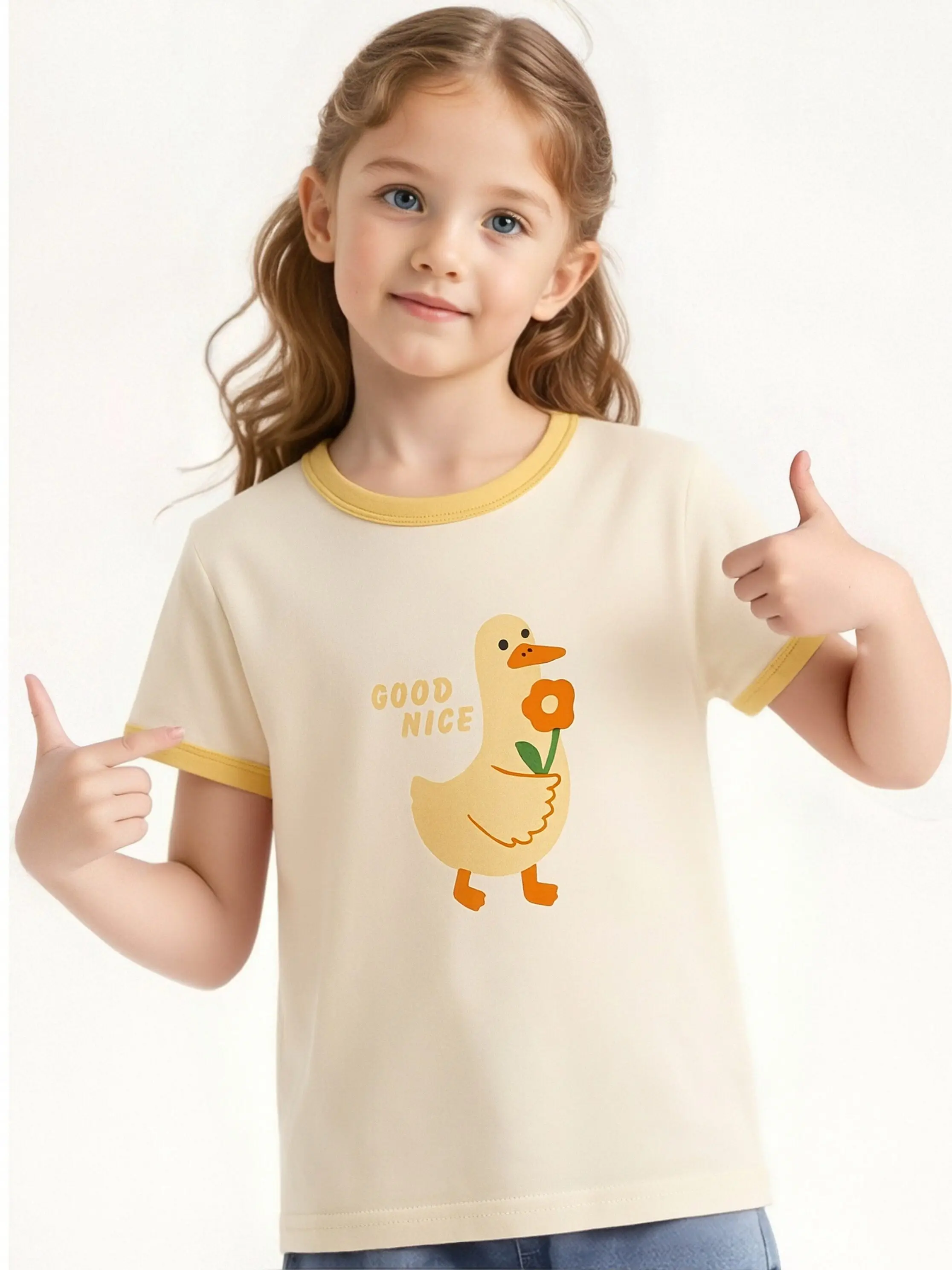 Girls' Summer Cute Cartoon Little Yellow Duck Print Cotton Short Sleeve, Girls' Apricot Versatile T-Shirt