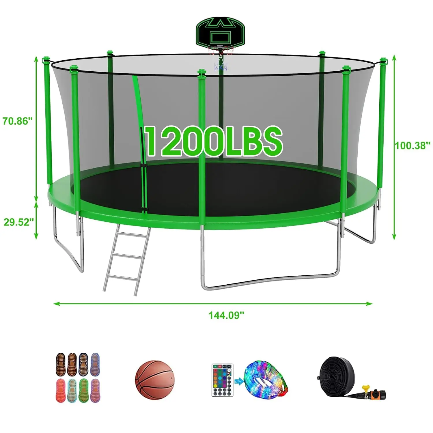 Outdoor Tranpoline for Kids with Basketball Hoop, Light &Sprinkler, Customized