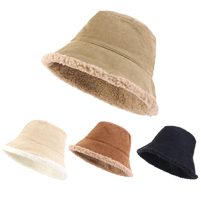 

Unisex Corduroy Bucket Hat Fisherman Hat Autumn Winter Wool Outdoor Warm Cap Double Sided Wearing For Women Men