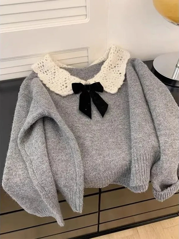 

Sweet Bow Knit Crop Sweater Women Kawaii Peter Pan Collar Casual Preppy Pullovers Female Simple Student Cute Loose Solid Jumpers