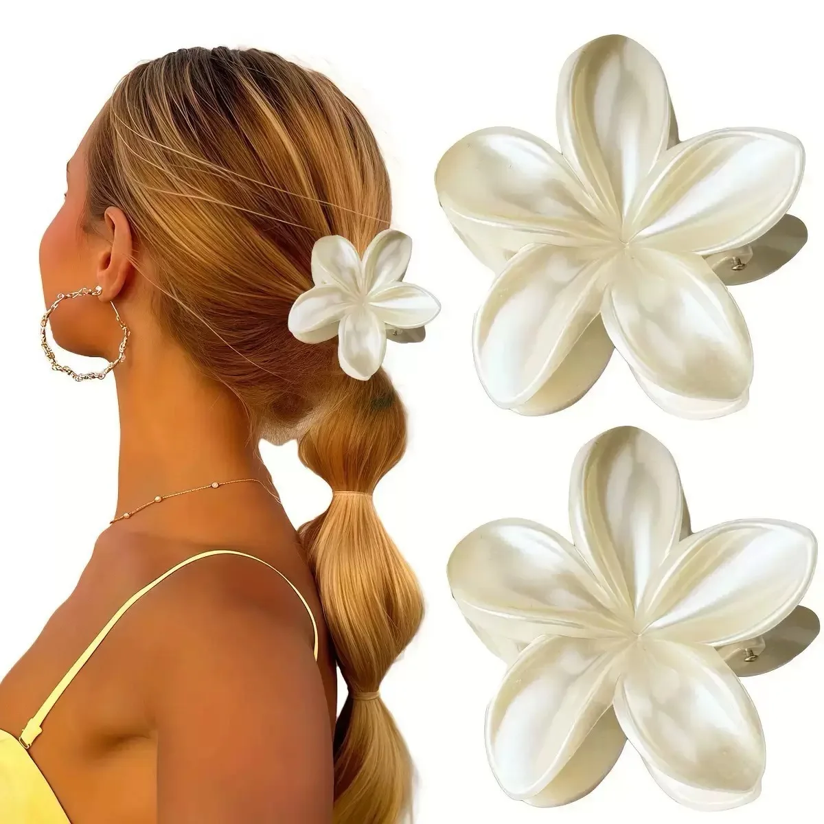 

White Light Sensitive Flower Hair Clip Women Shark Clip At The Back of The Head Claw Clip Beach Vacation Simple Hair Accessory