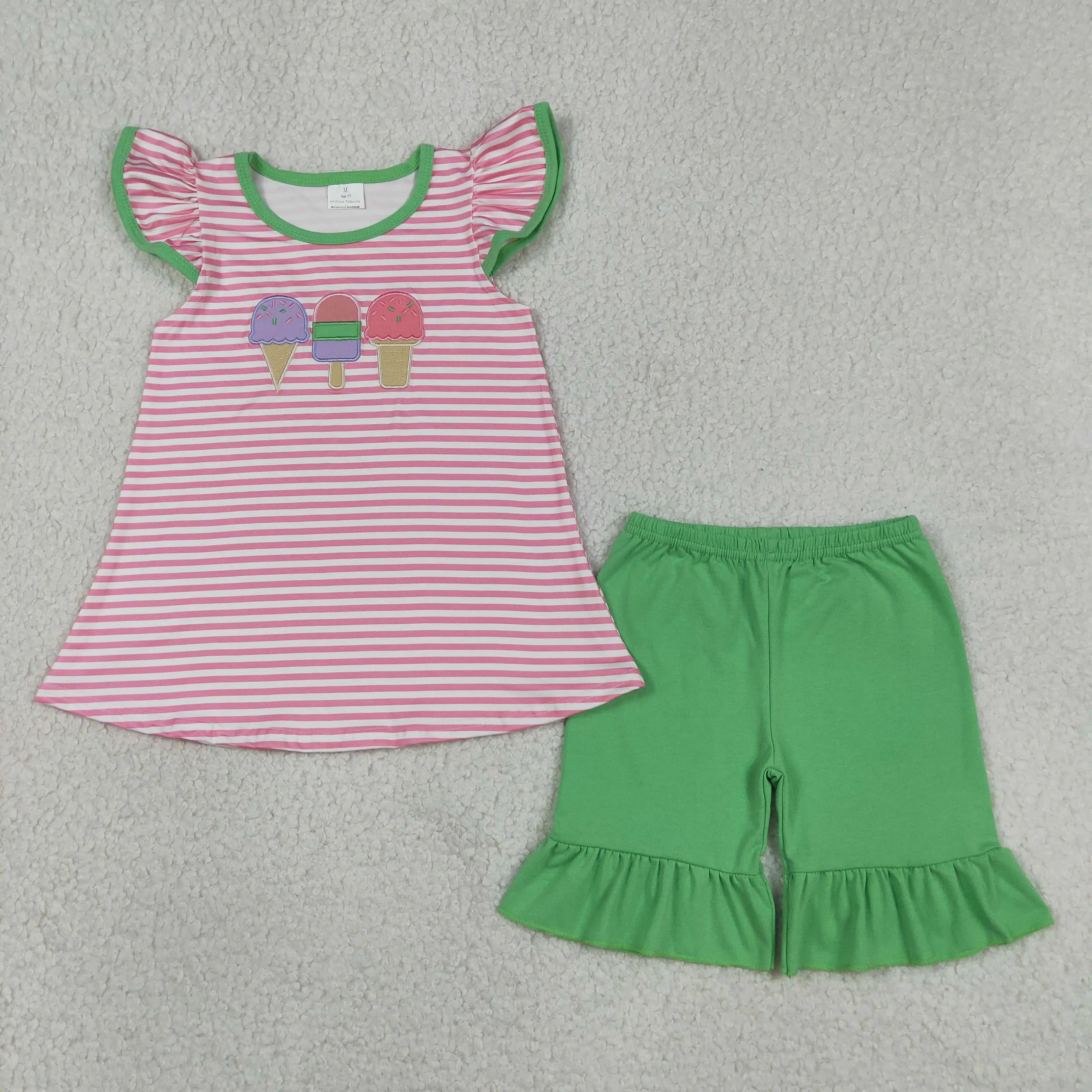 roupas-bordadas-para-meninas-e-bebes-conjunto-de-verao-com-tunica-e-shorts-verdes-para-criancas