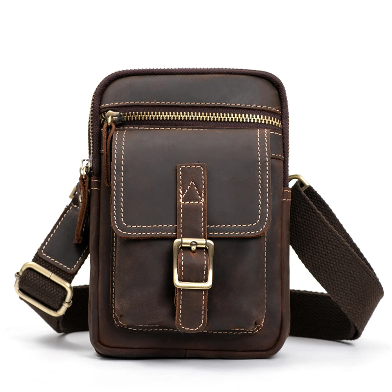 

Vintage Crazy Horse Leather Fanny Waist Pack Men Genuine Leather Travel Belt Waist Bags Male Small Phone Pouch Loop Hip Bum Bag