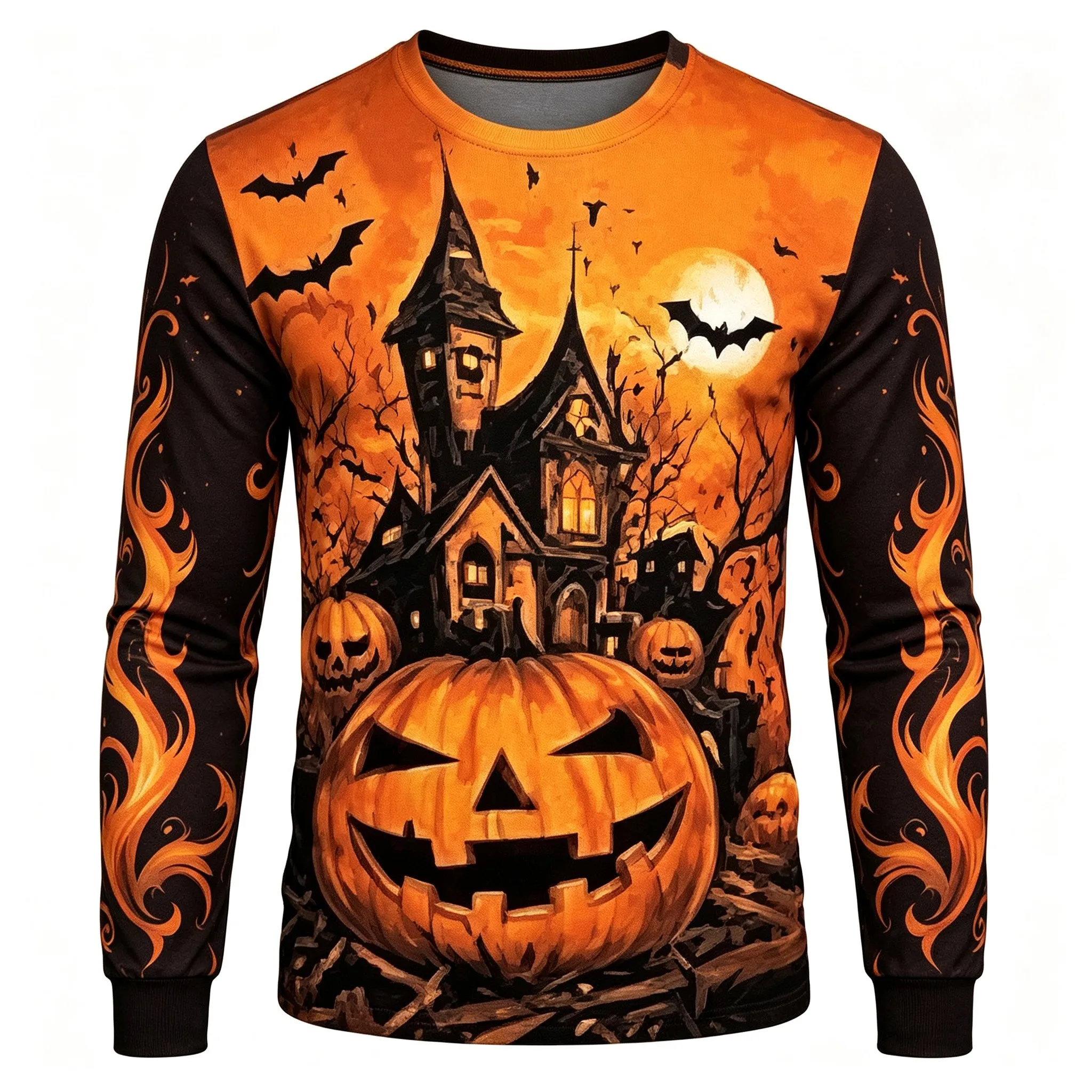 Men's Long Sleeve T-Shirt Halloween Pumpkin Haunted Castle Bat Print Crew Neck Casual Top