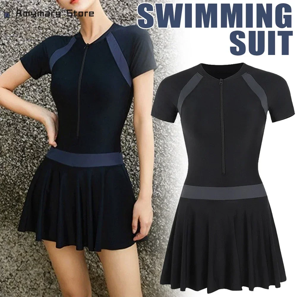 

New Women's Bikini Suit Fashion Stitching Black V-neck Short-sleeved T-shirt+mini Skirt Suit Split Swimsuit Holiday Beach Outfit