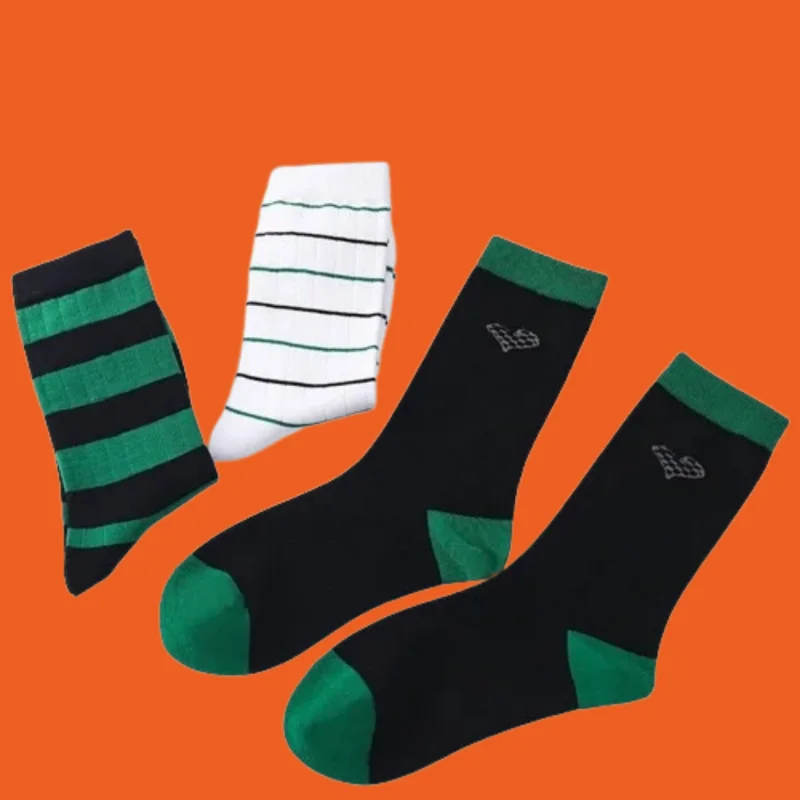 

3/6 Pairs Mid-tube Socks Trend Summer Street Hip-hop Sports Personality Skateboard Fashion Socks Men's Socks Green Striped Socks