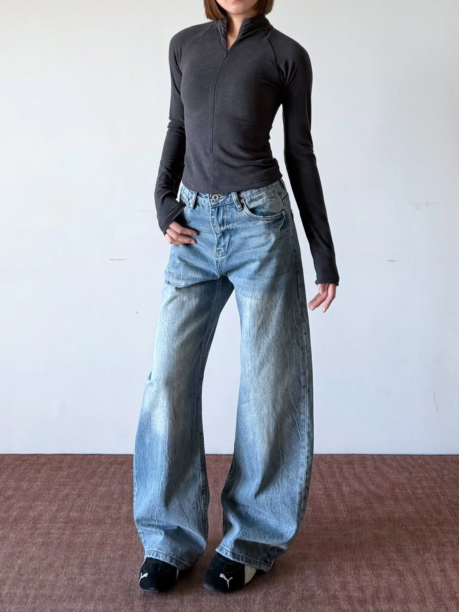 

Waed Blue Jeans American Retro Bend Knife Micro Flared Silhouette Straight Tube Cleanfit Long Trousers ex Cotton Jeans