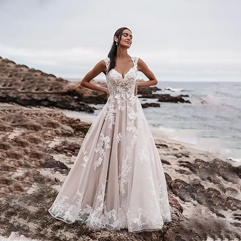 Vestidos de novia de manga larga con cola, traje bohemio de playa con apliques de encaje, 2024