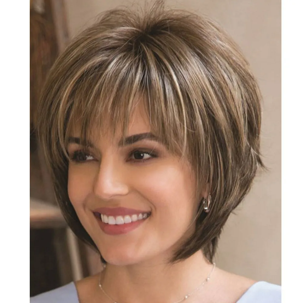 

Short Mixed Brown Wigs with Dark Roots Natural Layered Blonde Highlights Wigs for Women Full Synthetic Hair Short Wigs