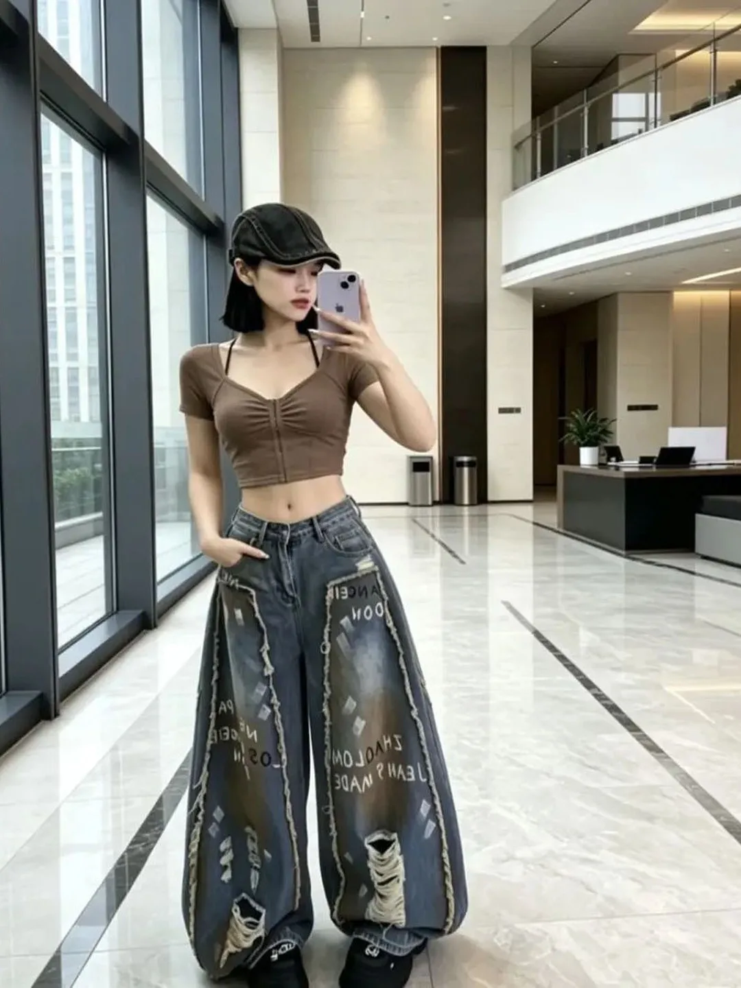 Retro Lettering High Waist Loose Wide Leg Casual Jeans Women's Summer New Style Knife  Denim Pants Trendy Floor-Length