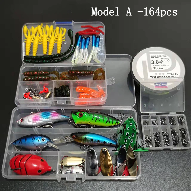 Mixed Spoon Fishing Lure Kit, VIB Soft Lure, Sapo Minnow Popper Ganchos, Todos Acessório De Pesca, água doce, B225, 164Pcs