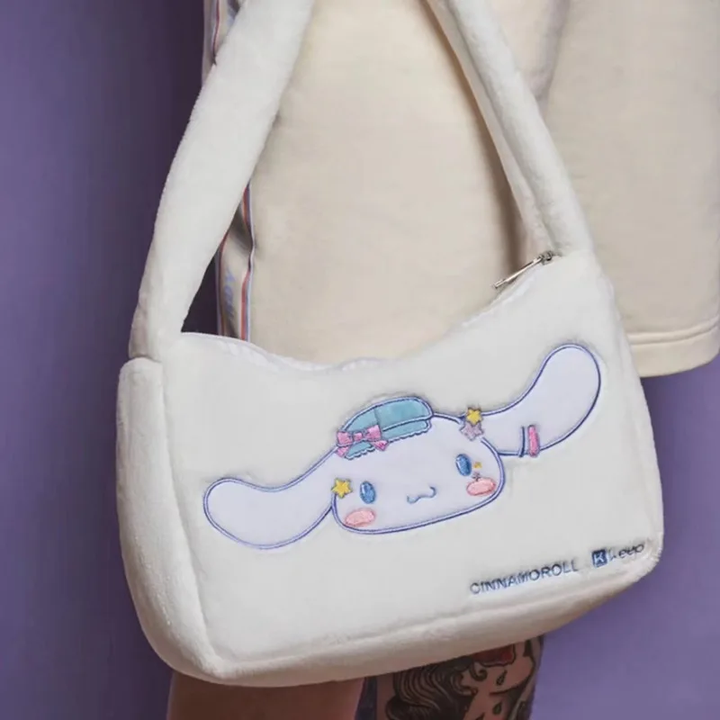 

Cartoon Sanrio Cinnamoroll Plush Handbag Kawaii White Cinnamoroll Fluffy Shoulder Bag Girls Women 2023 Half Moon Handbag Gifts