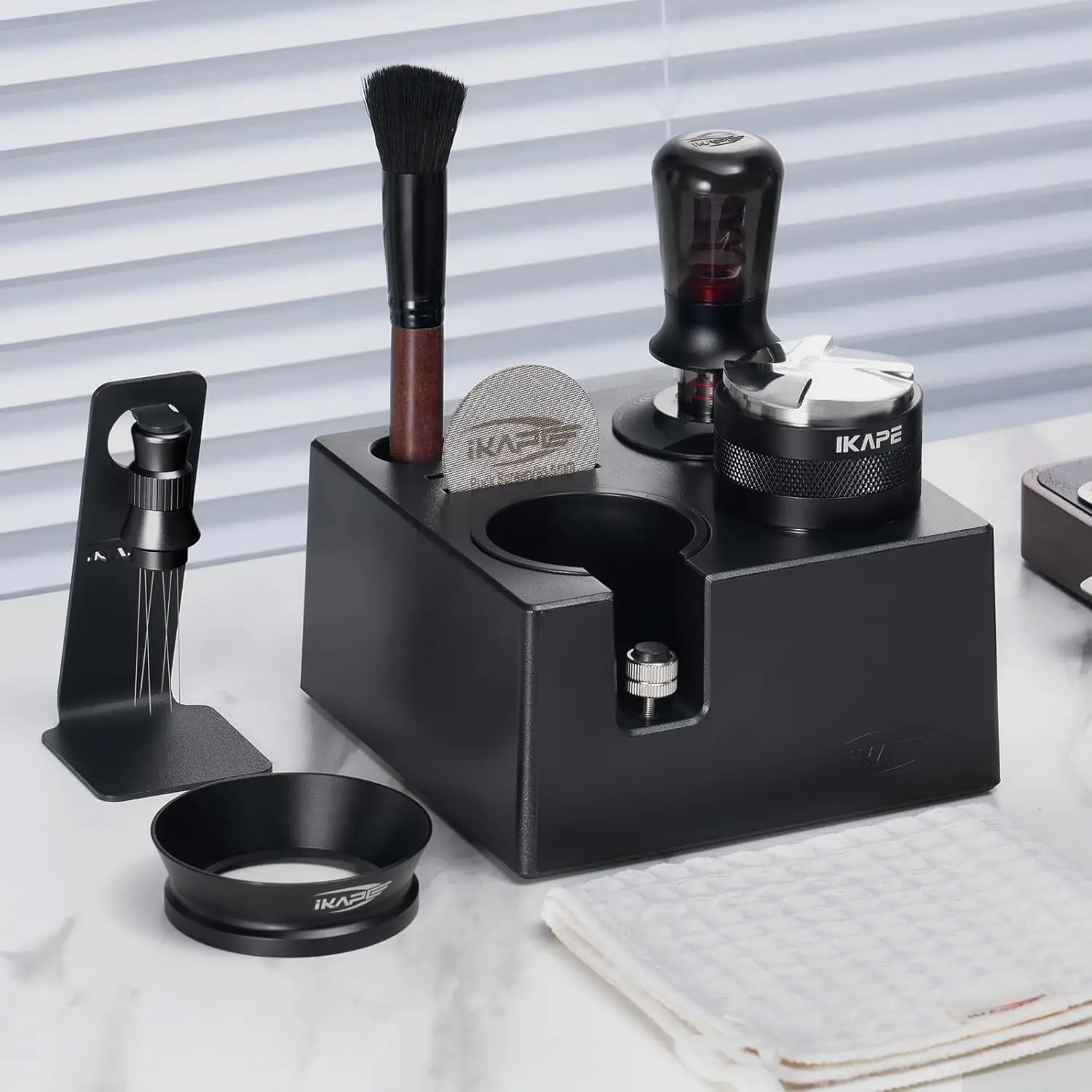 IKAPE 8 IN 1 Espresso Tool Set Black 51MM/53.3MM/58.35MM,Coffee Tamper,Distributor,Magnetic Funnel,Puck Screen,Tamper Station