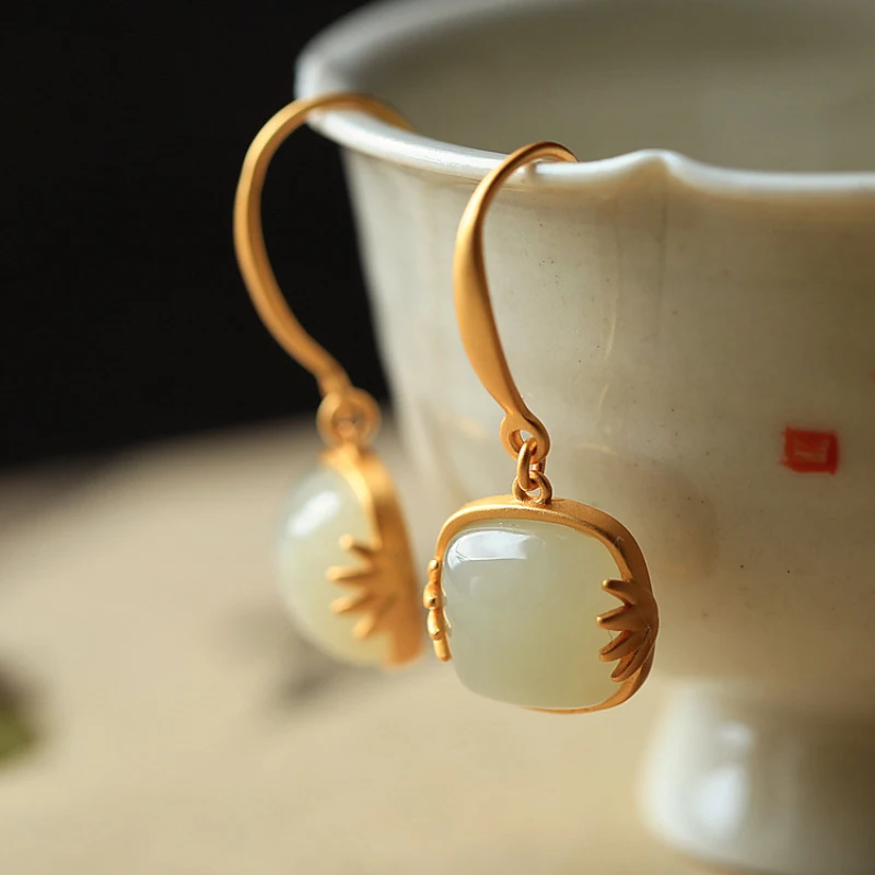 Ancient Gold Craft Natural Hotan Jade bambooo leaf square earrings for women Simple and elegant charm Eardrops jewelry